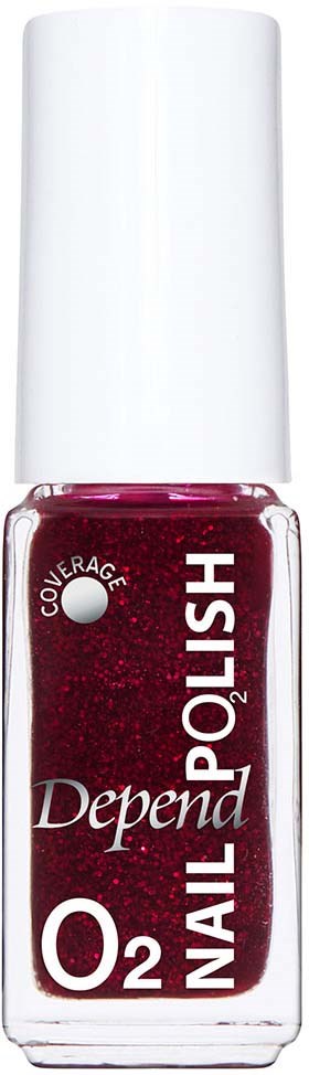 A bottle of Depend O2 Nail Polish in deep red with white text and a white cap.
