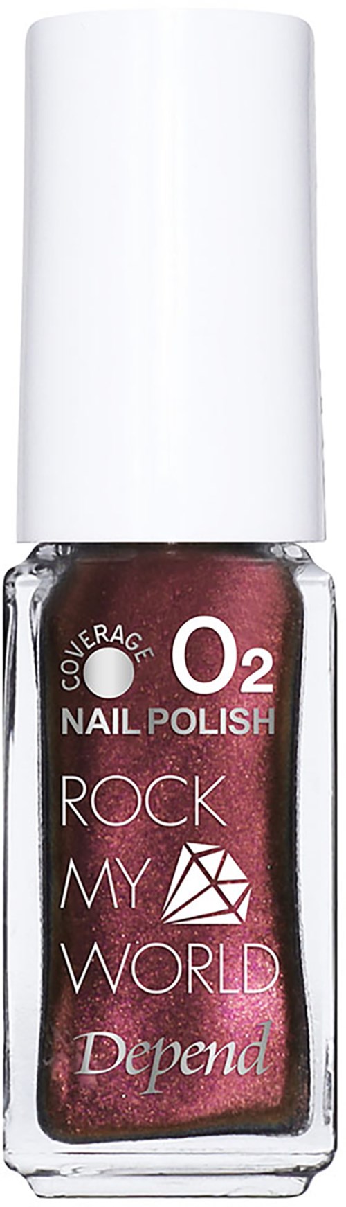 En liten flaska nagellack med vit kork, märkt "O2 Nail Polish Rock My World" av Depend.