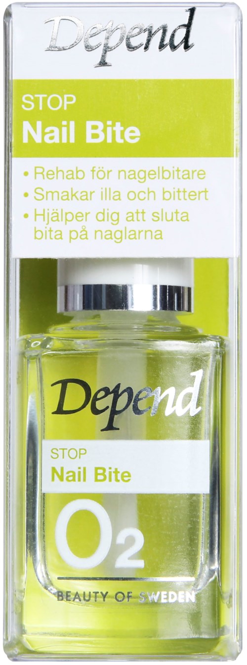 En liten glaskula märkt 'STOP Nail Bite' med grönt vätska, i ett tydligt förpackning med text på svenska.