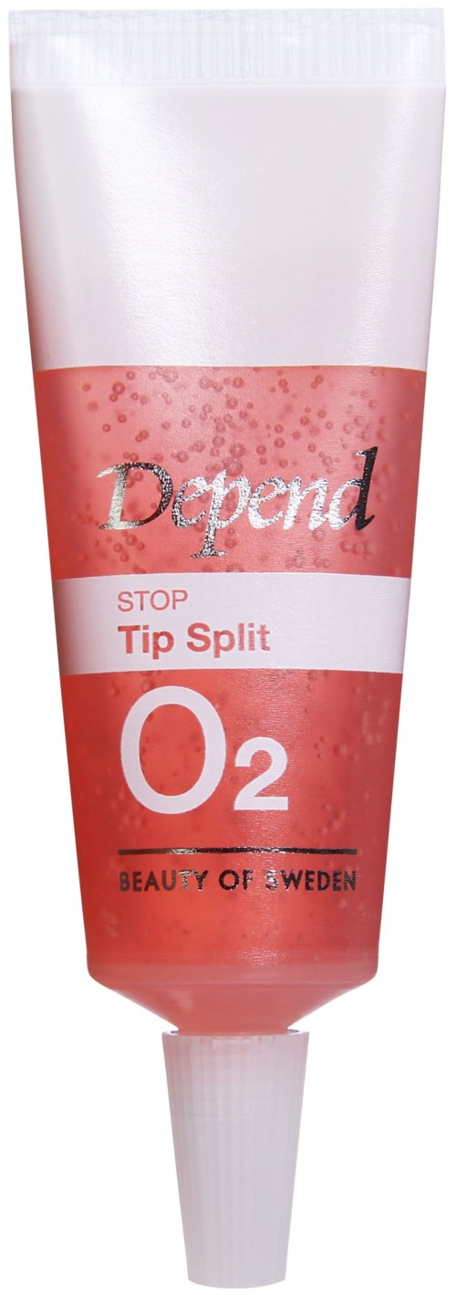 En tub med Dpend STOP Tip Split O2 gel, rosa färg, med vit och röd etikett, används för nagelvård, från Sverige.