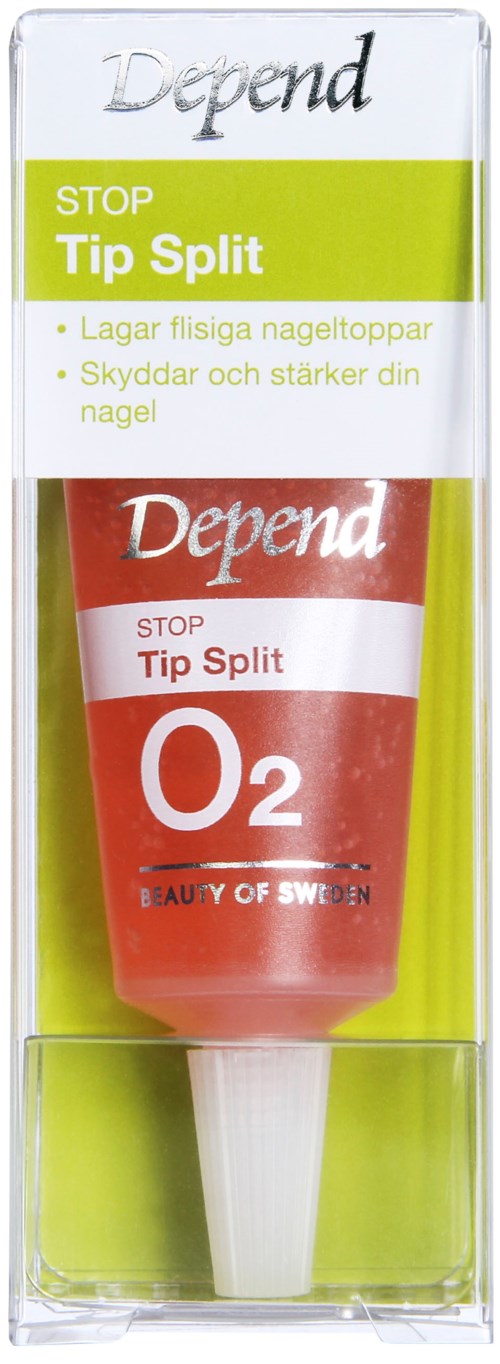En tub med munstycke, märkt 'Depend', 'STOP Tip Split' och 'O2', förpackad i klar plast.