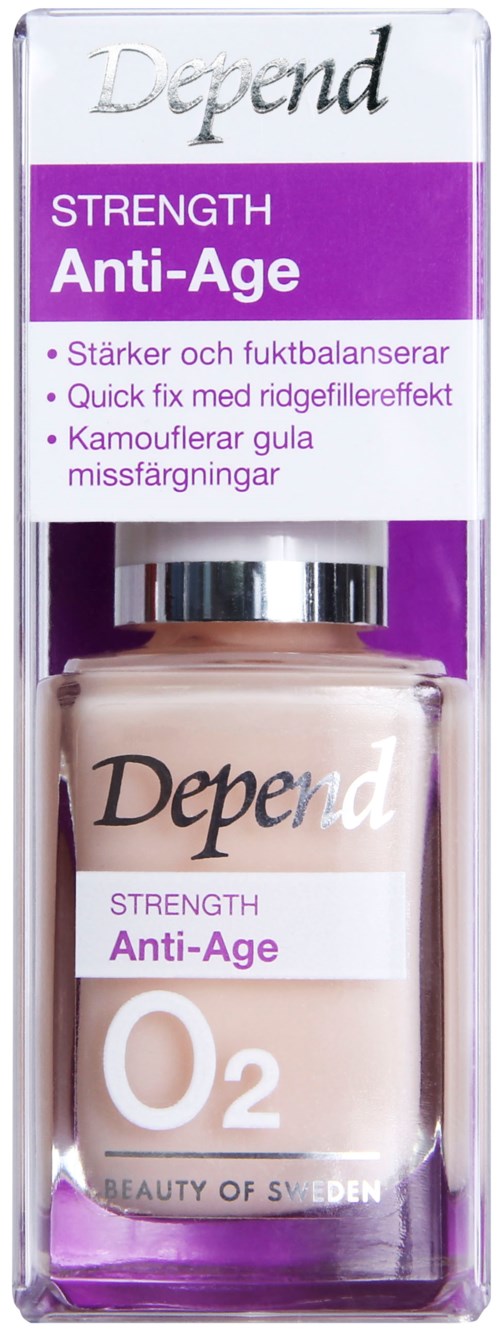 En flaska anti-aging-kräm med lila och vit förpackning, märkt "Depend Strength Anti-Age O2," i en tydlig låda.