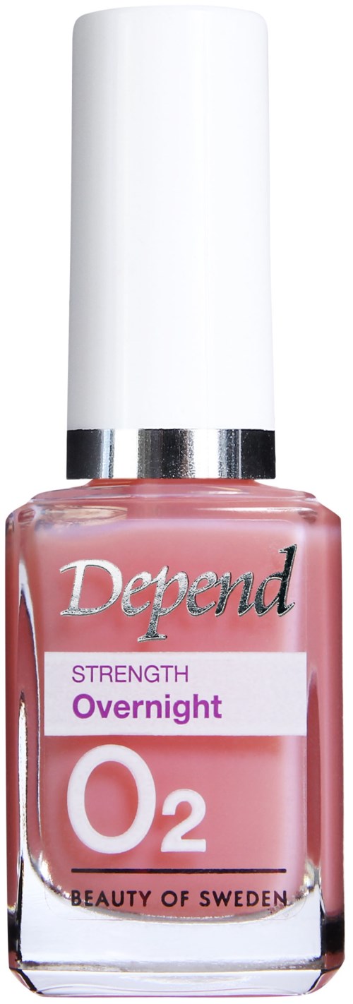 En flaska rosa nagellack med vit kork, märkt 'Depend', 'Strength Overight' och 'O2'.