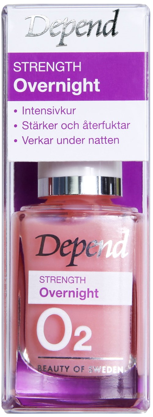 En flaska Depend Overnight nagellack med lila och rosa förpackning, märkt för styrka, syre och nattverkningar.