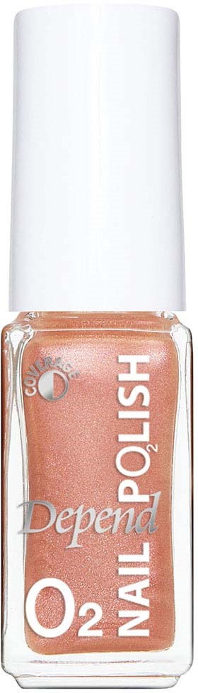 En nagellackflaska märkt "Depend O2 Nail Polish" med en persikofärgad nyans.