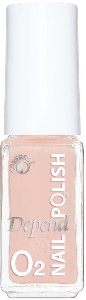 En flaska med rosa nagellack med vit kapsyl, märkt 'O2 Nail' och 'Depina.'