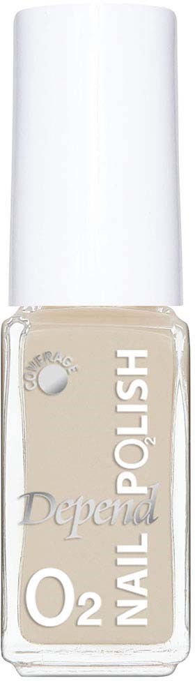 En nagellackflaska med vit lock, klart glas som visar beige nagellack, och vit text på etiketten.