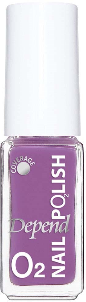 En lila nagellacksflaska med vit lock och vit text som säger "Depend" och "O2 Nail Polish".