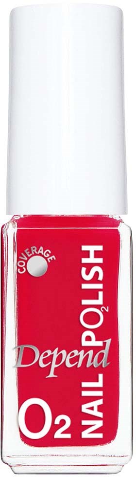 En flaska Depend O2 Nagellack med vit lock och röd etikett.