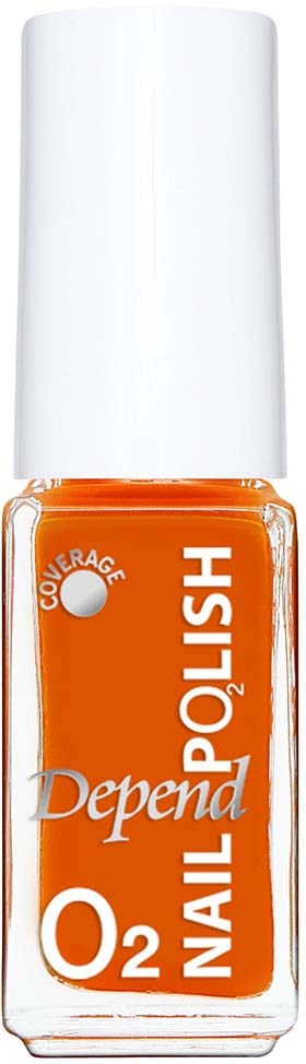 Orange nagellackflaska med vitt text och vit kork, märkt 'Depend O2 Nail Polish'.