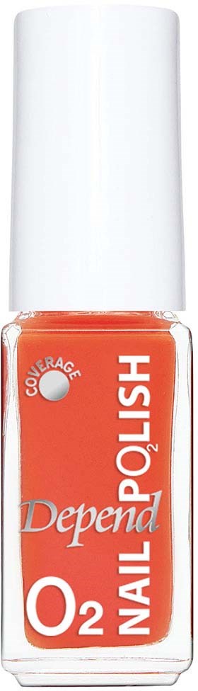 En flaska Depend nagellack med orange färg och vit topp.