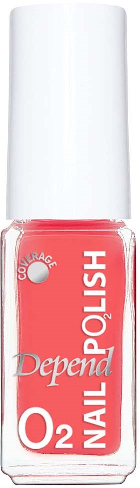 En rosa nagellackflaska med vit kork, märkt 'Depend O2 Nail Polish 2', som visar täckning och produkttyp.