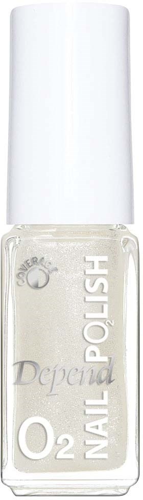 En klar nagellackflaska med vit kork, märkt "DepdA" och "O2 Nail Polish" i silver- och vit text.