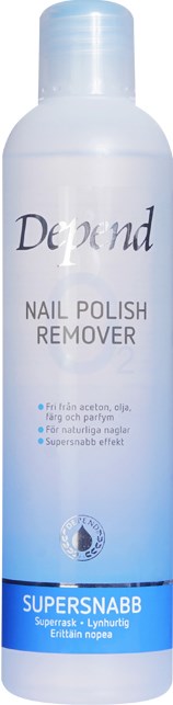 Eine weiße Flasche Nagellackentferner mit "Depend"-Beschriftung, blauen Akzenten und blauer Kappe.