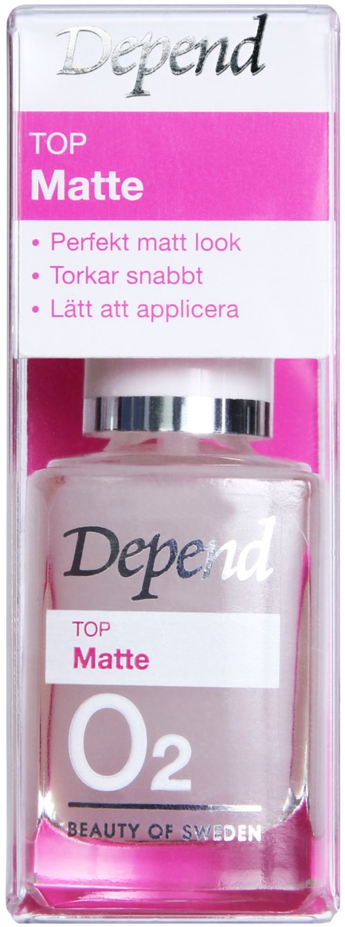 A small bottle labeled 'Depend Top Matte' with a pink and white design, placed in a pink box.