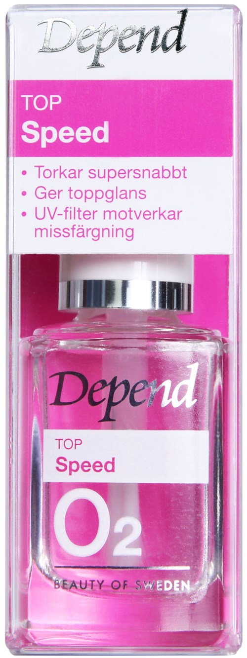 Liten glasflaska med rosa vätska, märkt "Depend" för torkning av naglar, med text på svenska.
