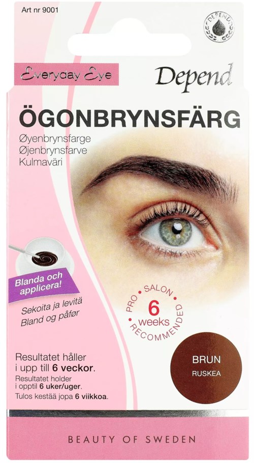 Förpackning med ögonbrynsfärg för hemmabruk, visar ett öga, produktdetaljer och instruktioner på svenska.