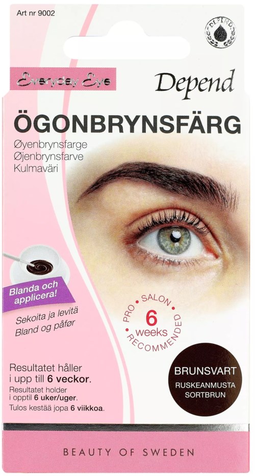 Dette er en æske med øjenbrynfarve til farvning af øjenbryn, med instruktioner og et billede af et øje.