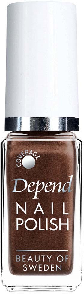 Brown nail polish bottle with white cap and silver ring, labeled 'Depend Nail Polish' from Sweden.