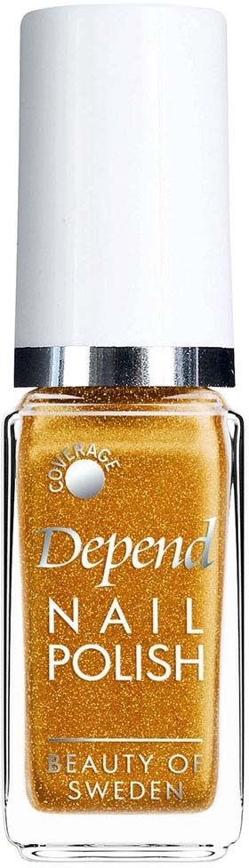 Een flesje goudkleurige nagellak met een witte dop, gemerkt 'Depend' en 'Beauty of Sweden.'