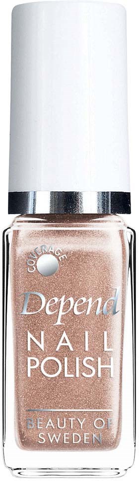 A bottle of beige nail polish with a white top and silver ring, labeled 'Depend Nail Polish'.