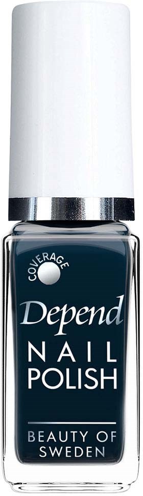 Een fles Depend nagellak in donkerblauw met een witte dop en zilveren band.