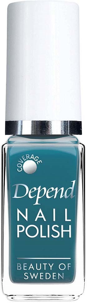 Een flesje blauwe nagellak met een witte dop, gelabeld 'Depend' en 'Nail Polish'.