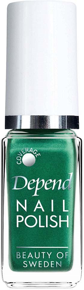 Grön nagellackflaska med vit kork och silverband, märkt 'Depend Nail Polish' från Sverige.