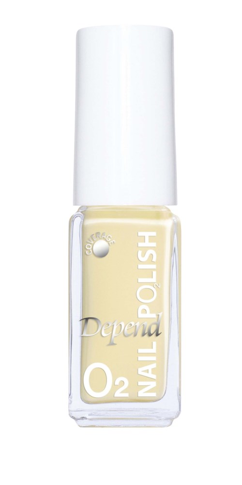 Tydlig nagellackflaska med vit kork, märkt 'O2 Nail Polish' och 'Daphne' på framsidan.