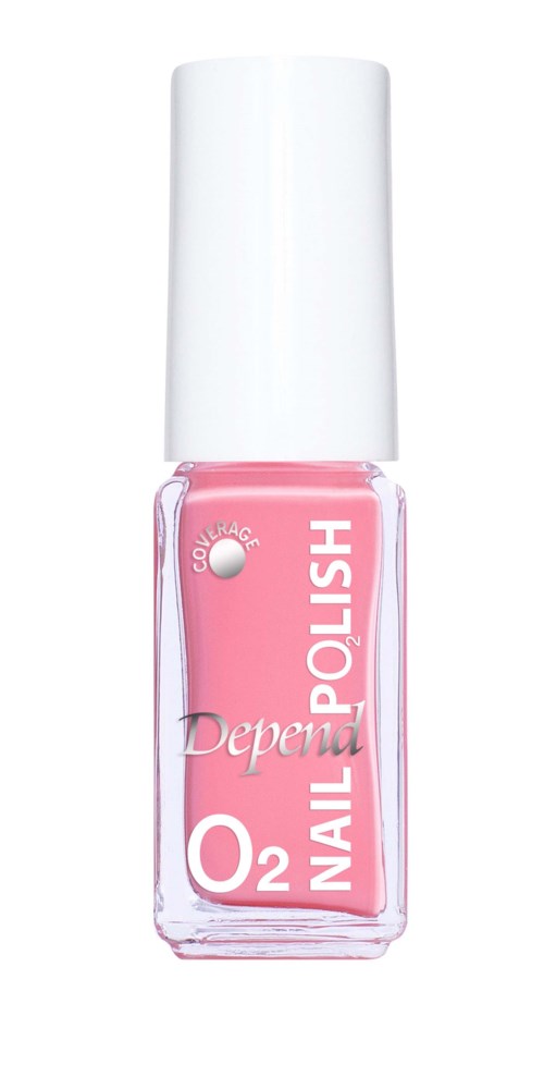 Pink nagellacksflaska med vit kork, märkt "O2 Nail" och "Depend" för nagelvård.