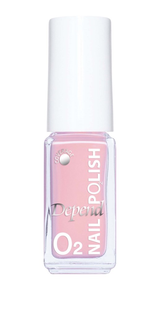 En liten flaska med rosa nagellack med vit lock, märkt 'O2 Nail Polish'.