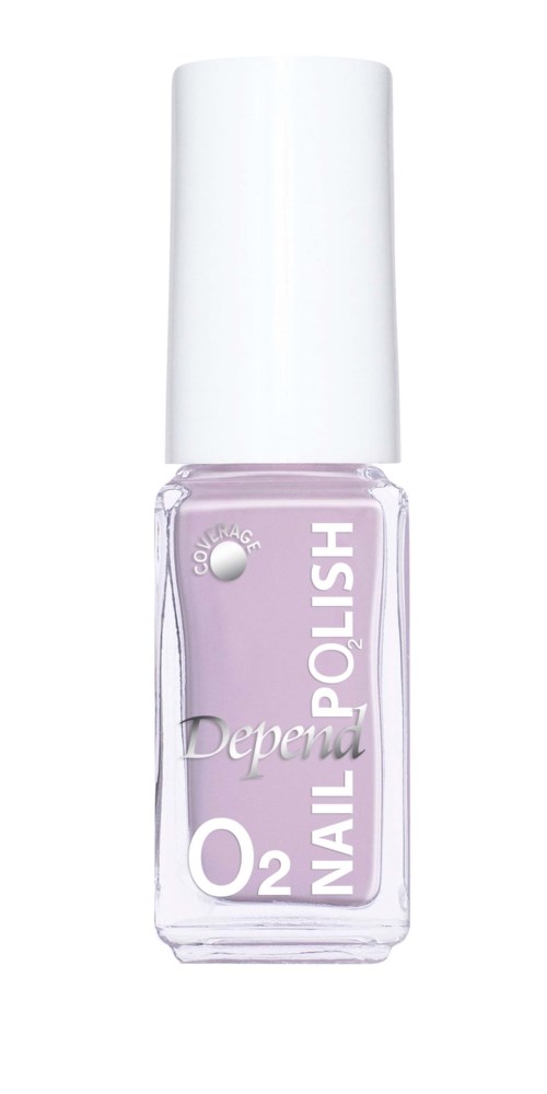 En tydlig nagellackflaska med vitt lock, märkt "Depend O2 Nail" i lila och vita färger.