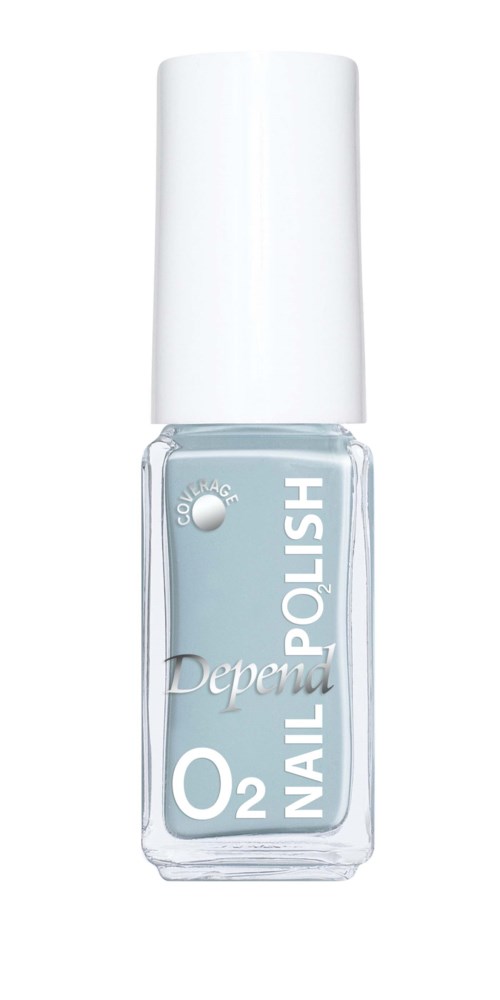 En nagellackflaska med vit lock, ljusblå färg och etikett med 'Oxygen Nail Polish.'