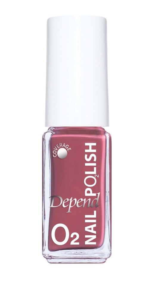 En flaska Depend nagellack med vit lock, visar rosa nagellack, märkt som O2 Nagellack, färgändringsfunktion.