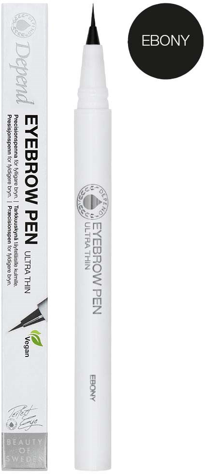 En hvit brynpenne med svart spiss og emballasje som sier 'Eyebrow Pen' og 'EBONY' i en svart sirkel.