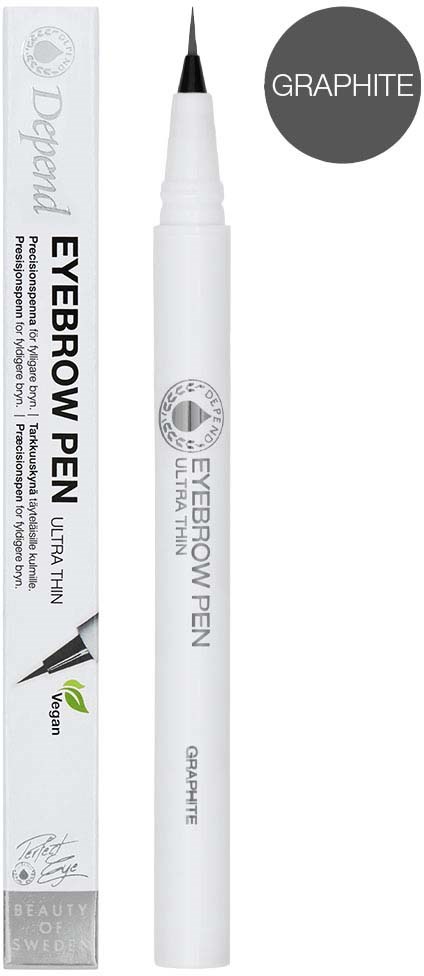 En hvit penn med spiss og grå sirkelmerke med 'GRAPHITE' ved siden av en eske merket 'EYEBROW PEN'.