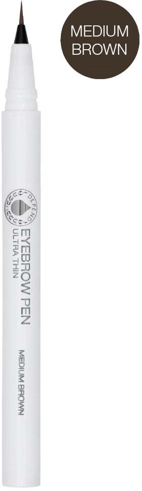 En vit pen med fin spets märkt "Eyebrow Pen" och färg "Medium Brown".