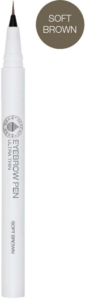 En vit penna med texten 'EYE BROW PEN' och en mjuk brun färg, avsedd för ögonbrynsmakeup.