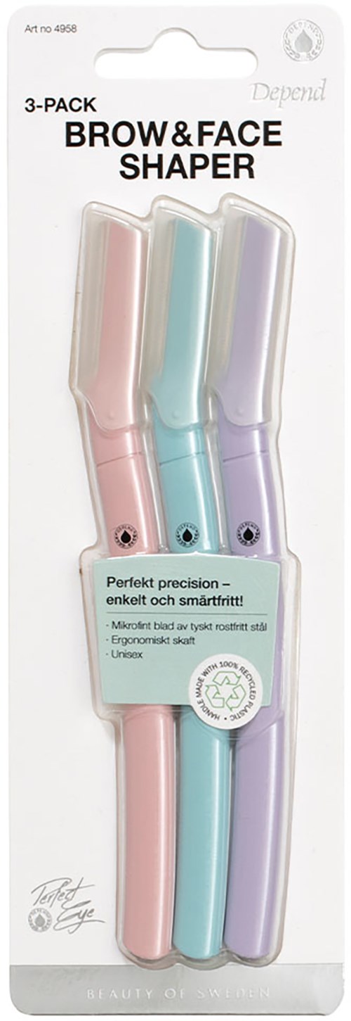Tre ljusrosa, blå och lila bryn- och ansiktsformare i genomskinlig förpackning.