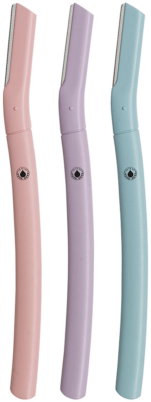 Tre färgglada ögonbrynsrakare i rosa, lila och blå med böjda handtag och små svarta logotyper.