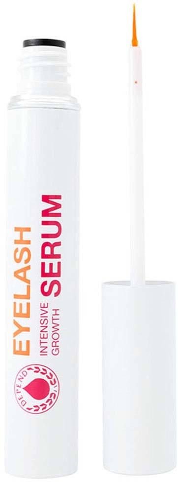 Tuba na serum do rzęs z pędzelkiem. Etykieta 'EYE LASH SERUM' dla wzrostu rzęs. Białe i pomarańczowe kolory.