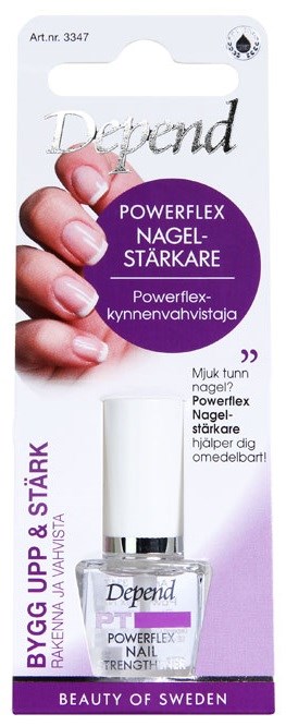 En nagelstärkare i en klar flaska med vit lock, märkt 'Depend' och 'Powerflex'. Ljuslila och vit förpackning.