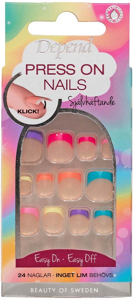 Färgglad förpackning med konstnärliga nagelkragar i olika färger, märkt för enkel applicering och borttagning.