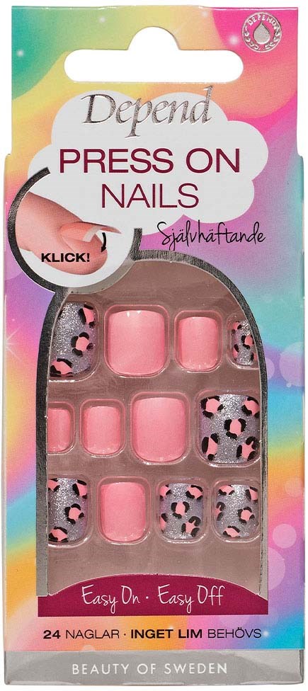 Nagellacksar för påsättning i färgglad förpackning med rosa och leopardmönstrade naglar, enkla att använda och ta bort.