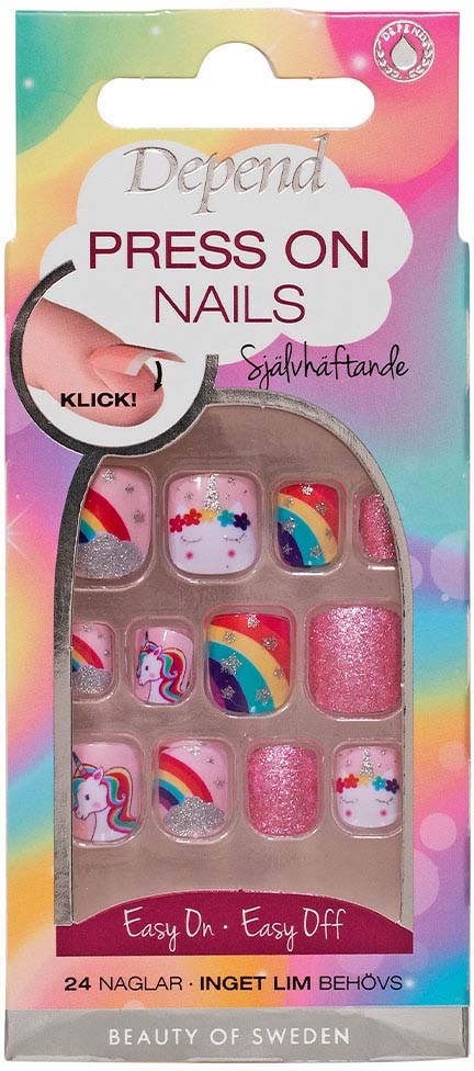 Een pakket met kleurrijke zelfklevende nageldecoraties met regenboogontwerpen en roze glitters, uit Zweden.