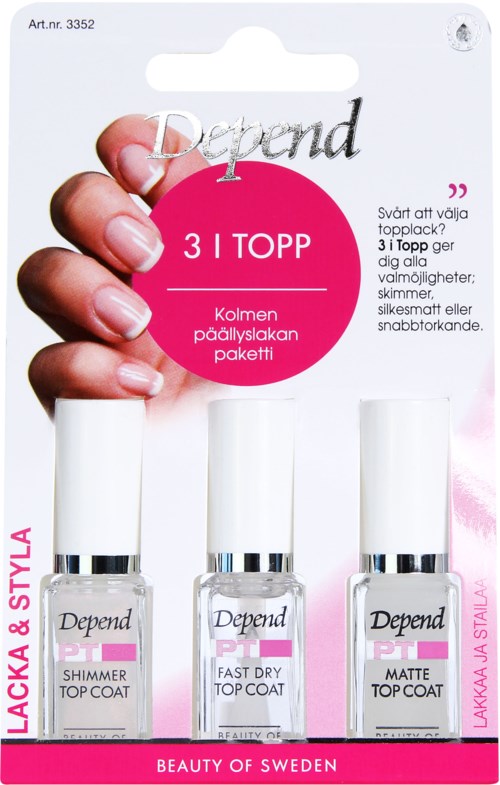 Ett nagellackset med tre flaskor märkt 'Shimmer', 'Fast Dry' och 'Matte' i rosa och vit förpackning från Depend.