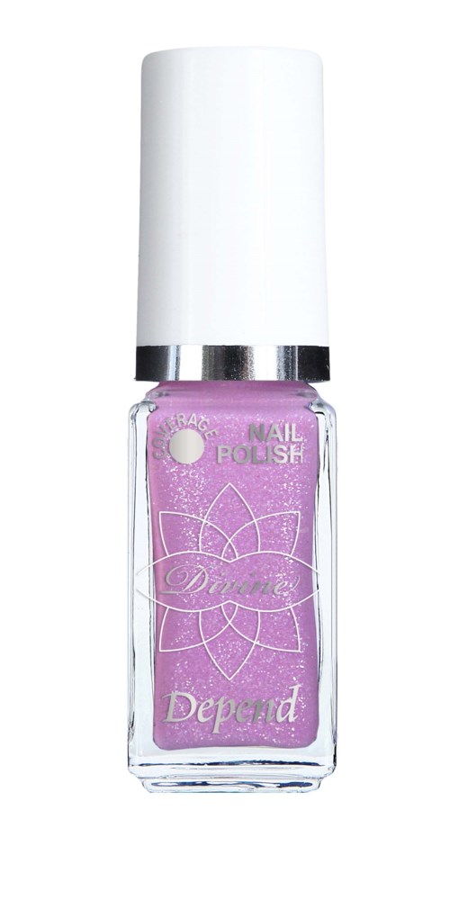 Rosa nagellack i en klar flaska med vit kork och silverband. Texten på flaskan säger 'Depend'.