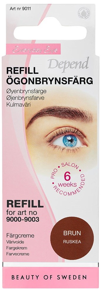 Rosa emballasje med et blått øye som viser brynfarging. Teksten beskriver refill for brynfarging i brunt. Utviklet for 6 uker.