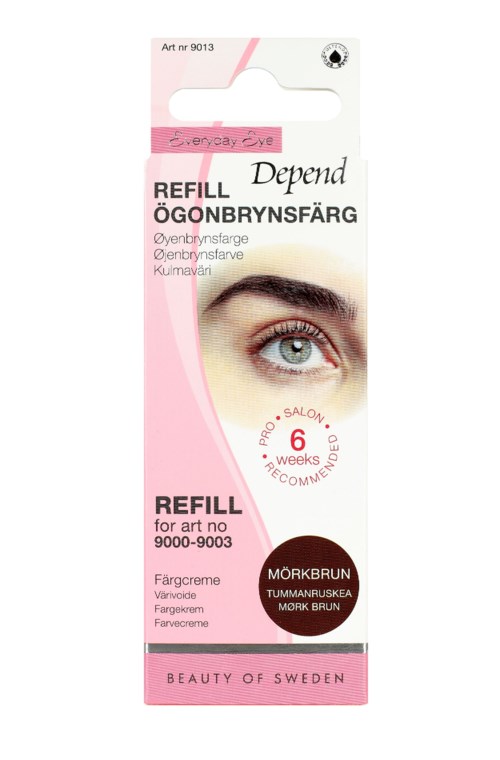 Refillboks til øjenbrynsskygge med et øje, tekst på dansk, rosa og hvid design. Til øjenbrynfarvning.