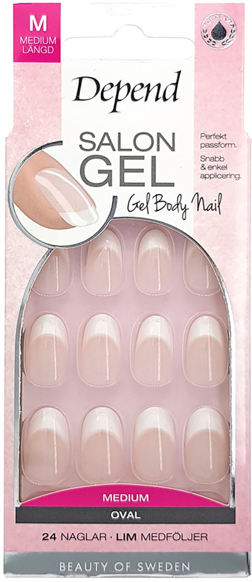 Nageltopper i en rosa låda, märkt som medium, oval form, för gelénaglar, med 24 toppar och limrör.